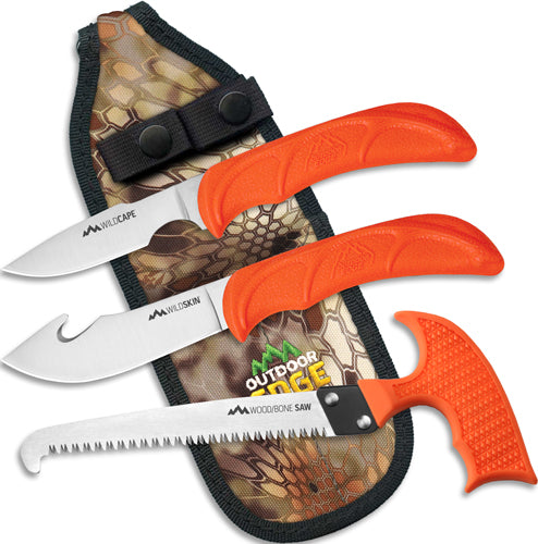 OUTDOOR EDGE WildGuide 3 Piece Hunting Combo with Krypek sheath, featuring stainless steel caping knife, gut-hook skinner, and saw.